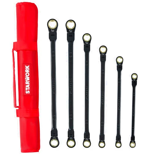 STARWORK TRUE MECHANIC™ 6-Piece 120T SAE&Metric, Flex-Head Double Box End, Extra Long Ratcheting Wrench Set, With Roll-Up Pouch Bag