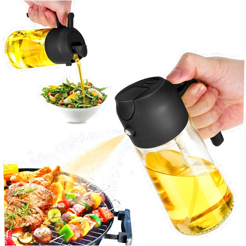 TrendPlain 16oz Oil Dispenser Bottle for Kitchen - 2 in 1 Olive Oil Dispenser and Oil Sprayer - 470ml Olive Oil Bottle - Oil Sprayer for Cooking, Kitchen, Salad, Barbecue Black