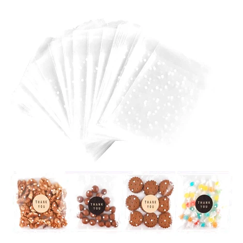 NPLUX 100PACK Self Adhesive Cookie Bags Cellophane Treat Bags Thank You Candy Bags for Gift Giving with Stickers(White Polka Dot,5.5x5.5 INCH)