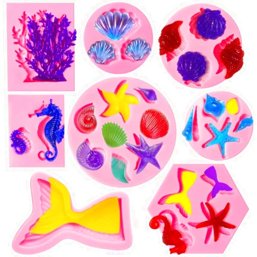 Elfkitwang Marine Theme Fondant Silicone Mold,Seashell,conch, Mermaid Tail,Seahorse,starfish,coral, DIY Handmade Baking Tools for Mermaid Theme Cake Decoration