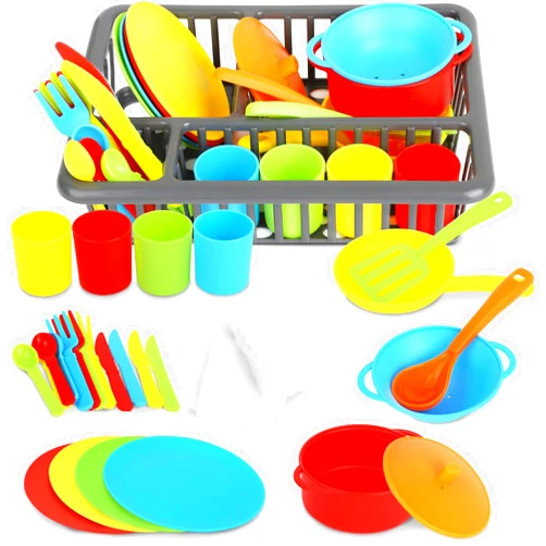 Playkidiz Kids Play Dishes with Drainer - 27PC Tableware & Pretend Kitchen Accessories, Plastic Play Set - Durable and Colourful for Children Ages 3+