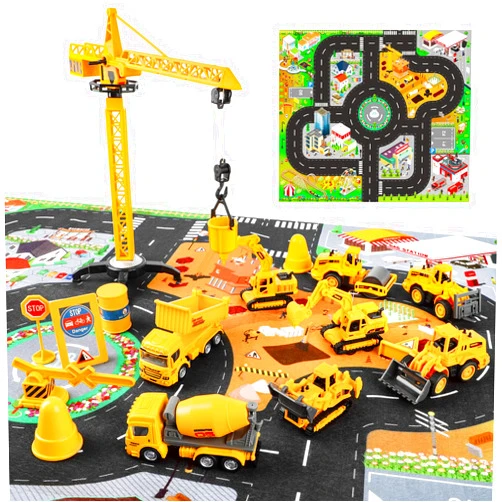 deAO Die Cast Construction Toy Trucks Set with Play Mat, 8 Construction Vehicles with Road Signs Crane, Bulldozers Excavator Cement Dump Digger Toys, Toddler Boys Toys for Kids Age 3 4 5 6 Birthday