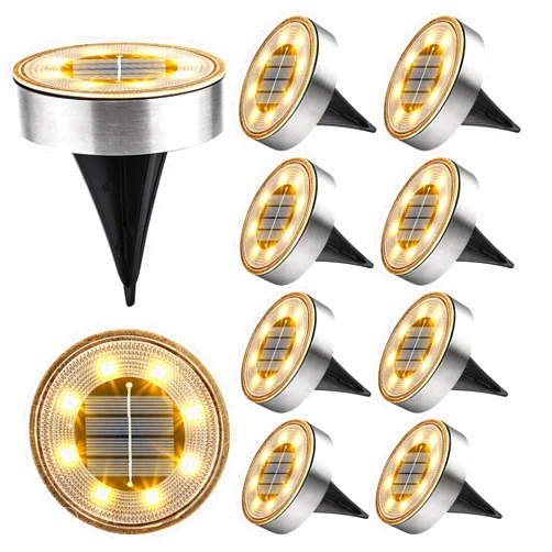 Joomer Solar Ground Lights, 10 Pack 8 LED Solar Lights Outdoor IP68 Waterproof Solar Disc Lights In-Ground Landscape Lighting Outdoor Lights for Patio Pathway Lawn Yard Driveway Walkway (Warm White)