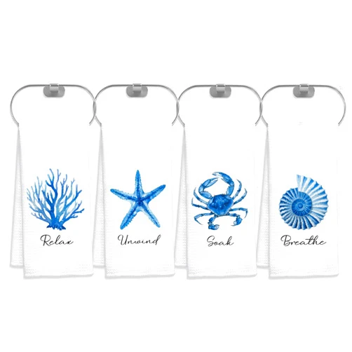 QICLM Beach Hand Towels for Bathroom Kitchen Set of 4, Costal Beach Kitchen Towels, Blue Ocean Coral Starfish Crab Conch Decorative Towels for Bathroom, 16x24 Inch