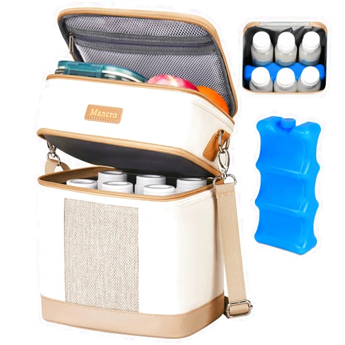 Mancro Breastmilk Cooler Bag with Ice Pack, Double Layer Insulated Baby Bottles Bag Fits 6 Bottles Up to 9 Ounces, Portable Breast Pump Cooler Travel Bag for Daycare and Nursing Moms, Beige