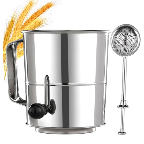 PIQUEBAR Flour Sifter - 5 Cup Fine Mesh Hand Crank Sifter Stainless Steel with Agitator Wire Loop for Baking, Powdered Sugar Duster Set