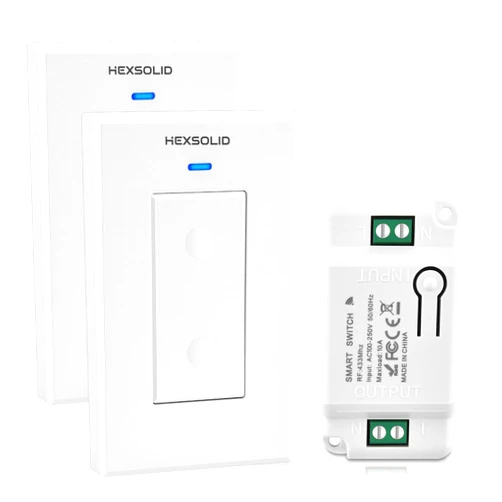 HEXSOLID Wireless Light Switch and Receiver Kit No Wiring No WiFi 100ft RF Range Remote Light Switch for 200W LED Lamp Ceiling Light Fan Pre-Programmed (2 Pack Switches+1 Receiver)