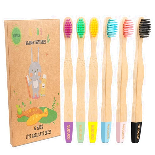 NUDUKO Bamboo Kids Toothbrushes (6 Pack) - Soft Bristle Organic Compostable BPA Free Toothbrush for Kids Toddler Baby Tooth Brush, Eco Friendly Natural Biodegradable Wooden Toothbrush