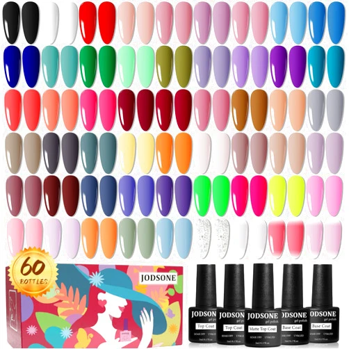 JODSONE 60 PCS Gel Nail Polish Set with 5 Bottles of Base and Glossy Matte Top Coat Soak off Gel Nail Set Suitable for All Seasons Gel Polish Gifts
