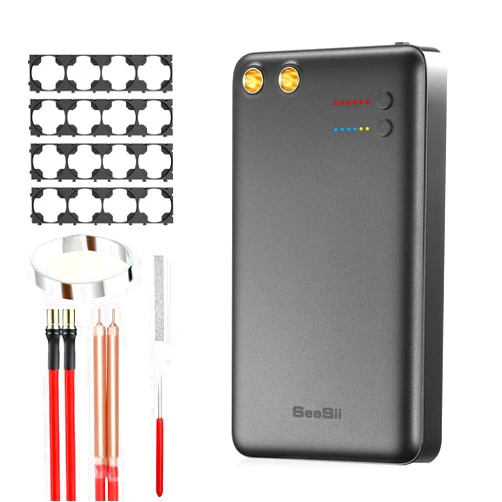 Seesii Battery Spot Welder, Seesii 6 Gear Adjustable Portable Spot Welder, 5000mA-h Mini Spot Welding Equipment with 5m Sheets and 4X4 Holders for 0.1/0.15mm Nickel Strip Welding and Making DIY Battery Packs