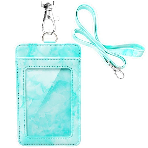 Life-Mate Marble Pattern Badge Holder, Life-Mate ID Badge Holder in PU Leather with 1 Clear ID Window 1 Credit Card Slot and PU Leather Lanyard for Badge Credit Cards College ID Cards in Green Marbling