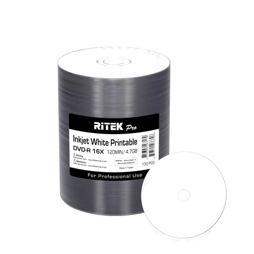 Ritek Pro 100 Pack Ritek Pro (Professional Grade) DVD-R 16X 4.7GB AZO Dye (MID MXL RG04) White Inkjet Hub Printable Blank Media Recordable Disc