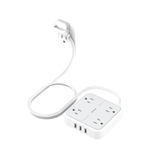 TESSAN Flat Plug Surge Protector Power Strip, TESSAN 5 ft Extension Cord with 4 Outlets and 3 USB Ports, Indoor Desk Charging Station, 900J Surge Protector for Travel, Office, School, Dorm Room Essentials
