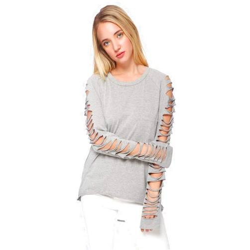 Anna-Kaci Ripped Cut Out Holes Long Sleeve Faded Distressed Top Pullover Shirt,