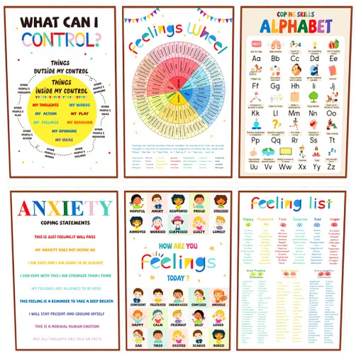 Eaasty 6 Pcs Mental Health Coping Skills Posters - Feeling Color Wheel Educational Emotions Therapy Wall Art for Classroom, School, Office, Pediatric Counseling