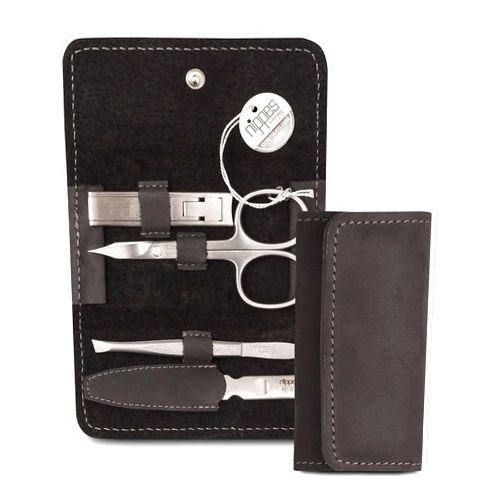 nippes Solingen Premium Line Tabard Manicure Set, 4 Pieces, Black, Stainless Steel, Nickel and Rustproof, Cowhide Nail Case, Nail Care Set, Made in Germany