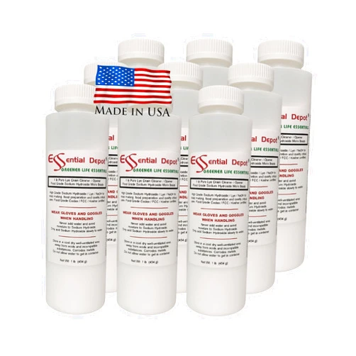 Essential Depot 9 lbs Food Grade Sodium Hydroxide Lye Evenly-Sized Micro Pels (Beads or Particles) - 9 x 1 lb Bottles - Lye Drain Cleaner
