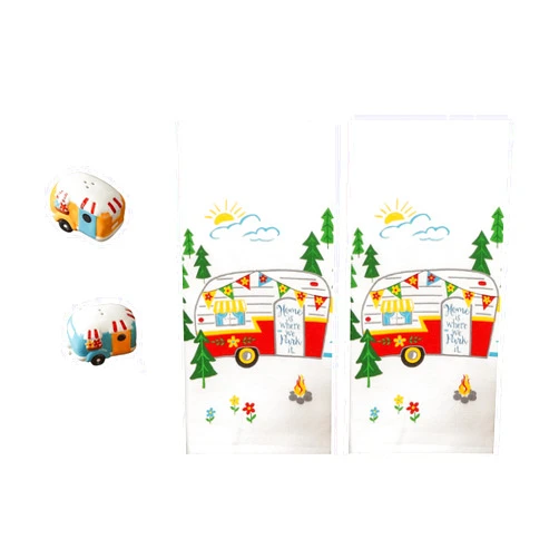 Donna's Home Emporium 4 Piece Vintage Happy Camper Kitchen Decor Set, 2 Towels and Salt Pepper Shakers