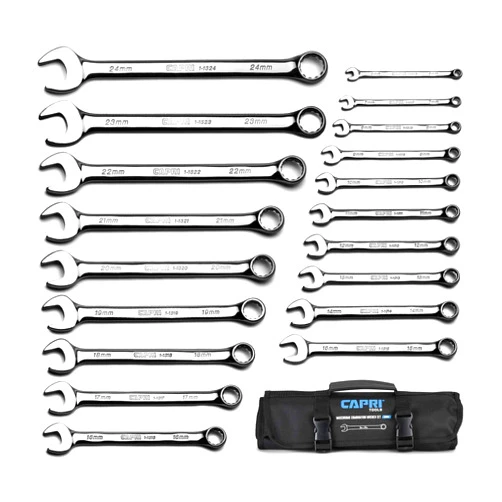 Capri Tools MaxChrome Combination Wrench Set, 6 to 24 mm, 19-Piece with Heavy-Duty Canvas Pouch