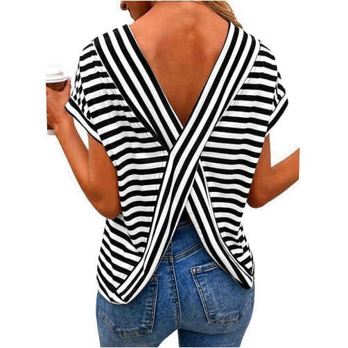 SweatyRocks Women's V-Cut Criss Cross Back Short Sleeve Tee Shirts Casual Summer Crew Neck Backless Tops