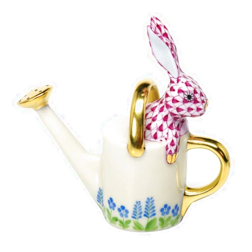 Herend Watering Can Bunny Rabbit Porcelain Figurine Raspberry Fishnet