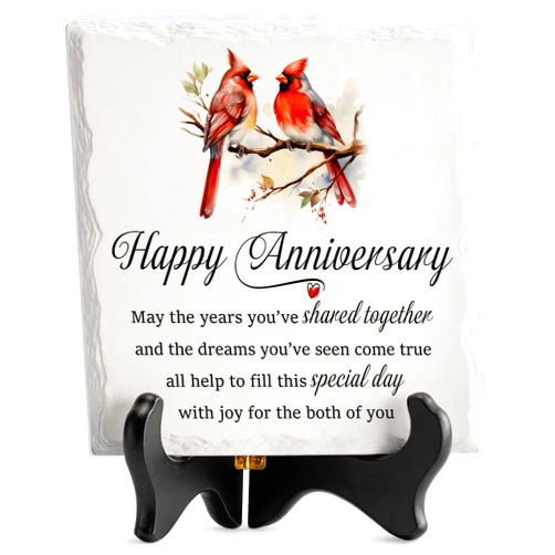LukieJac Anniversary Couples Gifts - Cardinal Ceramic Plaque - Happy Anniversary Presents for Couples - Romantic Wedding Celebrate Keepsake Desk Decorations Christmas Gift
