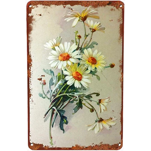 SaNavie Vintage Tin Sign Flowers White Daisy with Dew Drop Metal Sign Retro Wall Decor for Home Cafes Office Store Pubs Club Sign Gift Plaque Tin Sign, 8x12 Inch