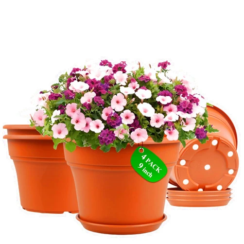 Pottiffe 9 Inch Plastic-Flower Pot-for-Indoor Plants, 4 Pack Large Outdoor Planter Pot with Drainage Holes & Saucers, Resin Decorative Garden Pots Planters