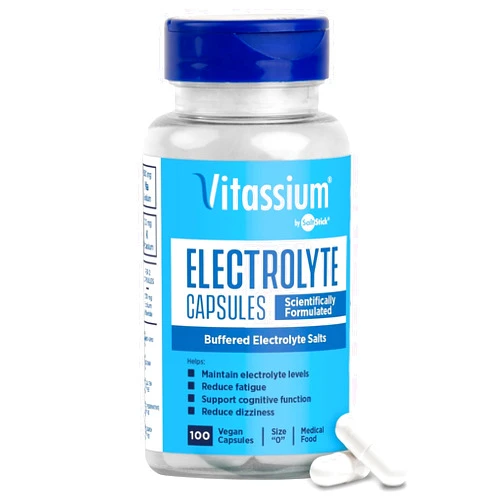 Vitassium Electrolyte Capsules, Electrolytes for The Management of POTS and High Sodium Diets (500mg Sodium - 100mg Potassium), Unflavored, 100 Salt Pills (Size 0)