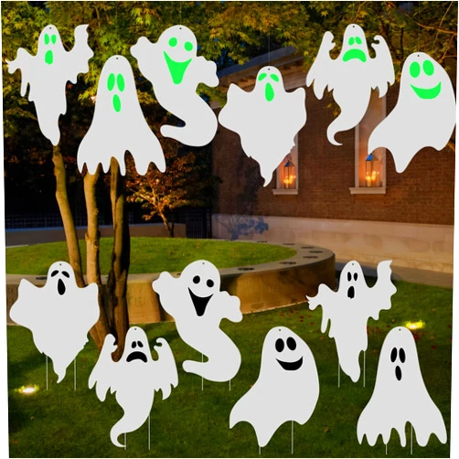 OuMuaMua Halloween Outdoor Decorations Yard Signs Stakes - 6PCS Ghost Lawn Decorations Signs with Face Sticker for Garden Yard Scary Halloween Decorations Outside