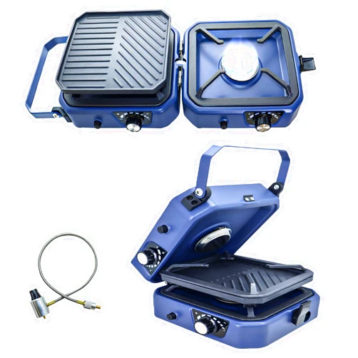 CloudHand 2 Burner Propane Camping Stove with Grill - CloudHand Foldable Camp Stove with 16,000 BTU, Two Adjustable Burners with Piezo Ignition & Easy Carrying Handle (Blue)