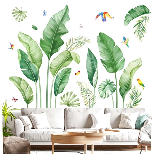 decalmile Tropical Palm Leaves Wall Decals Nature Banana Leaf Green Plants Birds Wall Art Stickers Living Room Sofa TV Background Wall Decor
