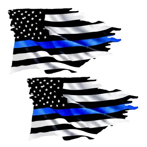 AZ House of Graphics Thin Blue Line Tattered Flag Decal, Tattered Thin Blue Line Sticker, Support Law Enforcement Flag Stickers, Blue Lives Matter Sticker for Car Window Truck Motorcycle - Made in USA - 2 Pack