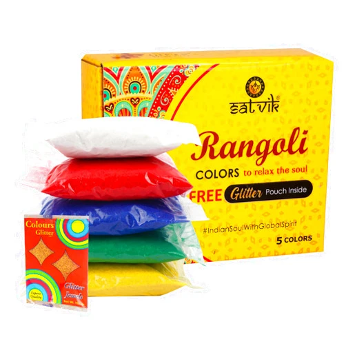 SATVIK STORE SATVIK 5 Shades of Rangoli Colors More Quantity Easy to Store Glitter Rangoli Colours Pouch (No GULAL) Festival/Festive Multi Colors Powder Art Crafts Painting, Diwali Housewarming Return Gifts Items