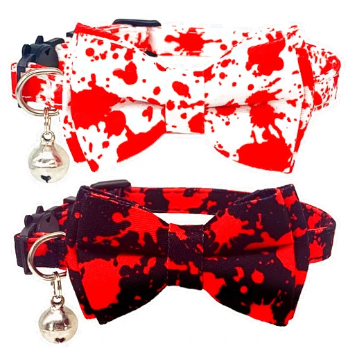 Casidoxi Bloody Halloween Cat Collars Breakaway with Bell, 2 Pcs Cat Halloween Bow Tie Collars with Quick Rease Buckle
