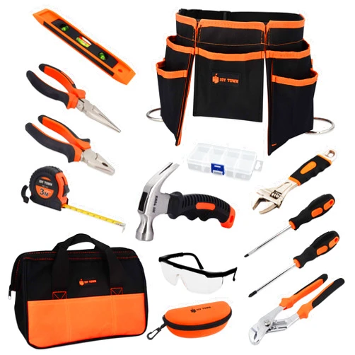 JOY TOWN JoyTown Kids Real Tool Set - Junior Steel Forged Tool Kit for Children with Real Hand Tools, Kids Tool Belt, Portable Tool Bag, Perfect Learning Tools for Home DIY (Orange & Black)