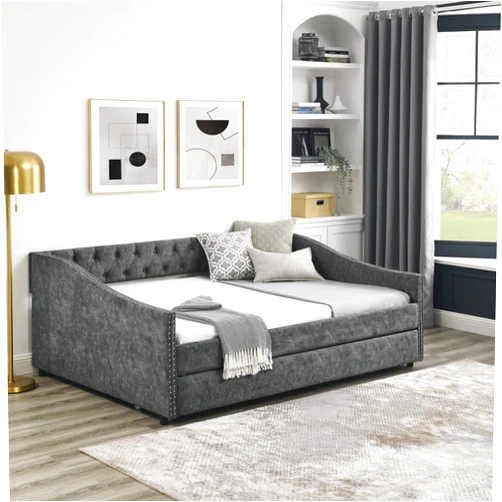 AYUYK Twin Size Daybed with Twin Size Trundle Upholstered Tufted Sofa Bed, with Button on Back and Copper Nail on Waved Shape Arms (Grey1)