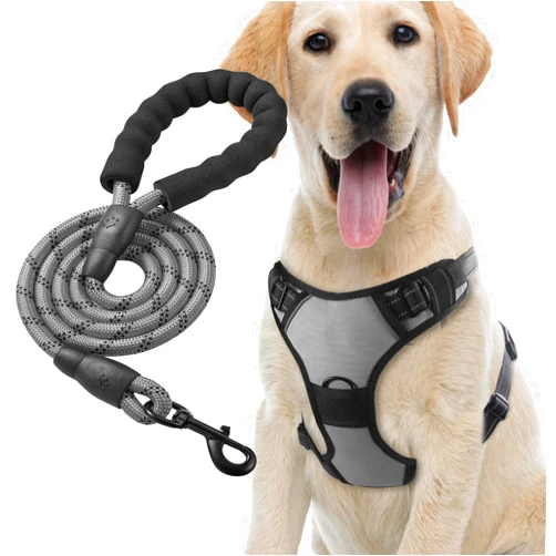 Heellpxi No Pull Dog Harness with A Free Heavy Duty 5FT Dog Leash, Adjustable Soft Padded Dog Vest with Easy-Control Handle, Reflective No-Choke Pet Oxford Vest for Large dogs (Grey,L)