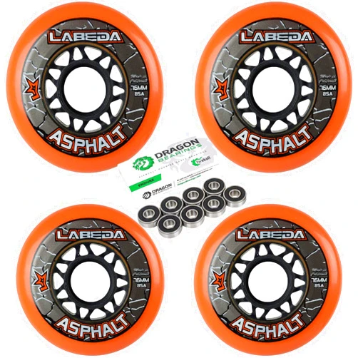 Labeda Asphalt Outdoor Inline Hockey Wheels | 76mm (76mm, 4-Pack w/Dragon Bearings)