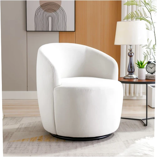 OPTOUGH Velvet Swviel Barrel Living Room, Leisure Accent Armchair with Black Powder Coating Metal Ring, Swivel Chair,White