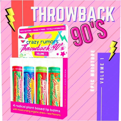 Crazy Rumors Throwback 90's Mix Lip Balm 4-Pack Mix (Cucumber Melon, Blue Razzberry, Kiwi Strawberry, Orange Pop!) 100% Natural, Vegan, Plant-Based, Made in USA