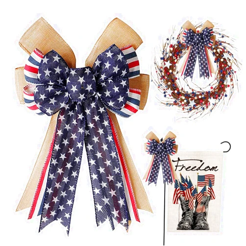 Hongsome Patriotic Decor Bows for Wreaths,Burlap Red White Blue Stripe Stars Tree Topper Bow for 4th of July,Independence Day,Memorial Day,Veteran's Day,Front Door Indoor Outdoor Decorations