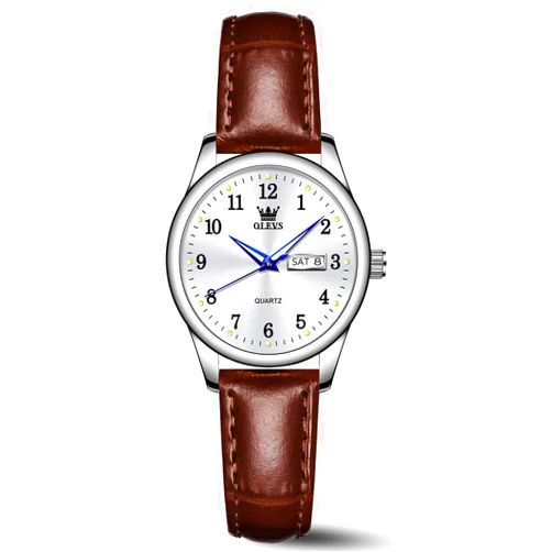 OLEVS Elegant Women's Watch Brown Leather Chronograph Watches for Women Medium Dial Fashion Dress Women Watch Waterproof Quartz Female Wristwatch Day Date Diamond Retro Watch for Women