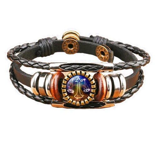Caiyao Retro 12 Zodiac Constellation Braided Bracelet Punk Adjustable Handwoven Rope PU Leather Chain Wrap Bracelet for Woman Man Friend Friendship Wrist Jewelry Birthday Gift