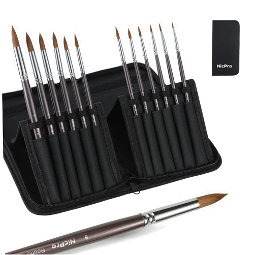 Nicpro 12PCS Sable Professional Watercolor Paint Brushes, Detail to Mop Artist Kolinsky Sable Brushes Set- Round Pointed Tip Paint Brush Set for Art Painting Watercolor, Gouache, Ink -with Nylon Bag