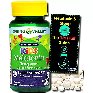 PREMIUM-FUSION Melatonin for Kids Chewable Tablets 1 mg -Fast Dissolve - Grape Flavor - 60 Ct from Spring Valley + Vitamin Pouch and Sleep Guide