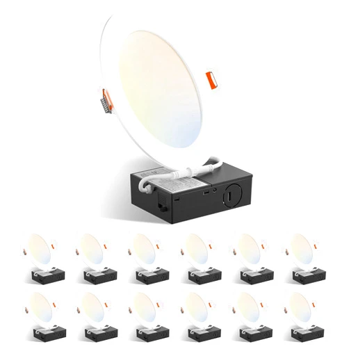 Amico 12 Pack 6 Inch 5CCT Ultra-Thin LED Recessed Ceiling Light with Plastic Junction Box, 2700K/3000K/3500K/4000K/5000K Selectable, 1050LM Brightness, Dimmable Canless Wafer Downlight, 12W, ETL&FCC