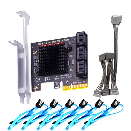 GLOTRENDS SA3026 6-Port PCIe X4 SATA Card, Including SATA Cables and 1:5 SATA Splitter Power Cable, Compatible with Windows,Linux,Mac OS,NAS