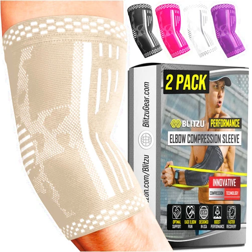 BLITZU 2 Pack Elbow Brace Support, Elbow Compression Sleeve Orthopedic Pain Relief for Golfer's, Tennis Elbow, Arthritis, Bursitis, Tendonitis Treatment, Workout, Fitness & Weightlifting. Nude M