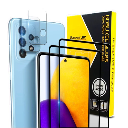 GOBUKEE 4Pack Compatible with Samsung Galaxy A72 5G Screen Protector Tempered Glass + Camera Lens Protector Edge of Edge Full Coverage,Full Adhesive,9H Hardness,HD Clear,Case Friendly,Bubble Free